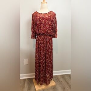 Everly Maroon Floral Long Sleeve Dress